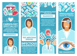 Medical clinic specialist banner with doctor, tool