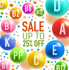 Vitamin sale offer banner with colorful pill swirl