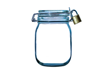 Empty glass jar with lock isolated on   white background.Conservation concept.Safety concept.Insurance concept.