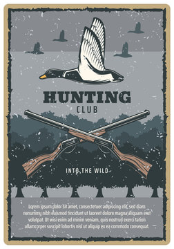 Duck hunting vintage card of bird and hunter rifle
