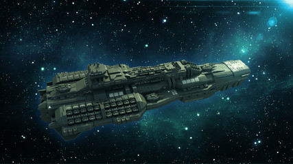 Alien spaceship in deep space, spacecraft flying in the Universe with stars in the background, UFO top view, 3D rendering © freestyle_images