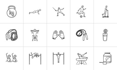 Sports and workout hand drawn outline doodle icon set. Outline doodle icon set for print, web, mobile and infographics. Fitness, equipment vector sketch illustration set isolated on white background.