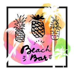 Beach Bar. Modern calligraphic T-shirt design with flat palm trees and hand drawn pineapples on watercolor background