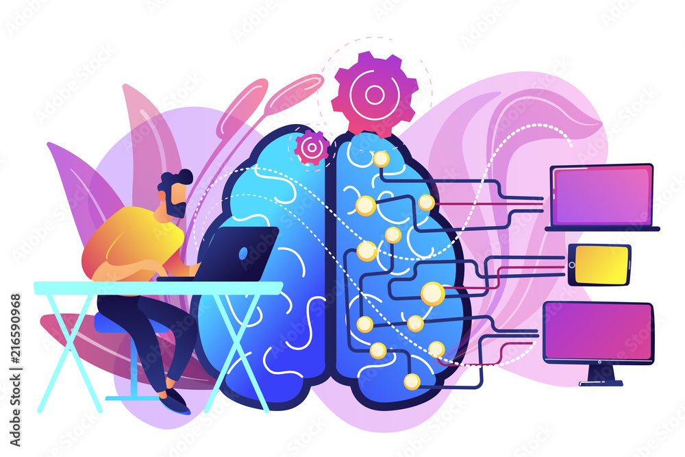 Poster brain with digital circuit and programmer with laptop. machine learning, artificial intelligence, di