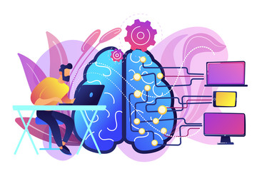 Brain with digital circuit and programmer with laptop. Machine learning, artificial intelligence, digital brain and artificial thinking process concept, violet palette. Vector isolated illustration.