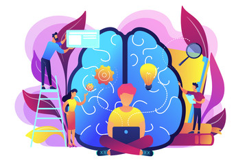 Business analyst working on laptop with business intelligence. Business data analysis, data management, database technologies and analysis tools concept, violet palette. Vector isolated illustration.