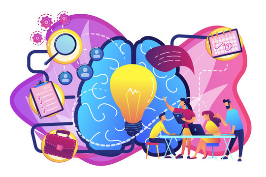 Business team working on project. Project management, business analysis and planning, brainstorming and research, consulting and motivation concept, violet palette. Vector isolated illustration.