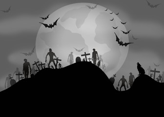 Halloween night background with silhouette of tomb, bats, zombie and full moon on dark background, design for holiday greeting card and invitation,  Copy space, Collection for text banner