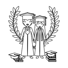 couple graduates with wreath crown vector illustration design