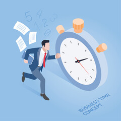 Business time concepts. Businessman running with stopwatch. Isometric vector illustration.