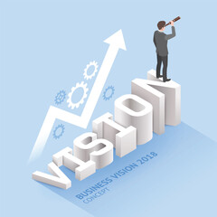 Business vision concepts. Businessman standing with binoculars on “vision” text. Isometric vector illustration. © graphixmania