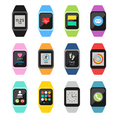 Fitness watches and trackers set. Vector illustrations.