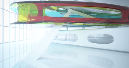 Fototapeta premium Abstract white and colored gradient glasses interior multilevel public space with window. 3D illustration and rendering.