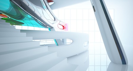 Fototapeta premium Abstract white and colored gradient glasses interior multilevel public space with window. 3D illustration and rendering.