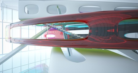 Fototapeta premium Abstract white and colored gradient glasses interior multilevel public space with window. 3D illustration and rendering.