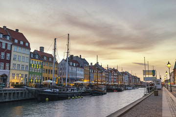 Fototapeta premium Copenhagen sunrise city skyline at Nyhavn harbour, Copenhagen Denmark