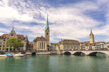 Fototapeta na wymiar Zurich city skyline at Limmat River with Fraumunster Church, Zurich Switzerland