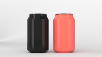 Two small black and red aluminum soda cans mockup on white background