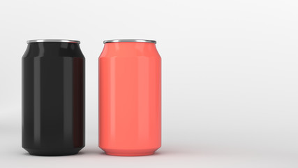 Two small black and red aluminum soda cans mockup on white background