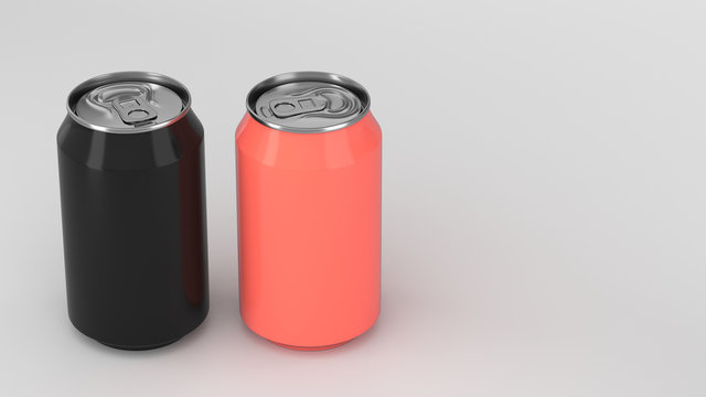 Two small black and red aluminum soda cans mockup on white background