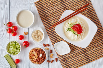 soy milk korean soup kongguksu, flatlay