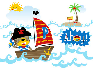 Vector illustration of funny pirate cartoon on sailboat
