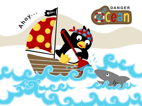 Vector illustration of funny sailor cartoon on sailboat with shark