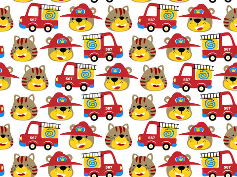 seamless pattern vector with firefighter cartoon and animals head