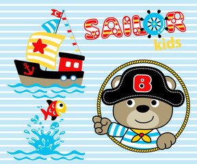 Vector illustration of funny sailor cartoon with sailboat