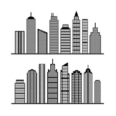 Modern city skyline, building silhouette in night time on white.