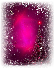 Christmas pink card with shiny Christmas tree.