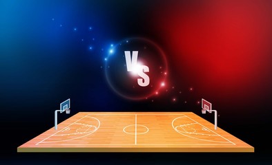 Basketball arena field with bright stadium lights design.match vs strategy broadcast graphic template. Vector illumination