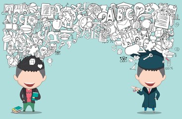 Graduated boy pupils back of school background, drawing by hand vector