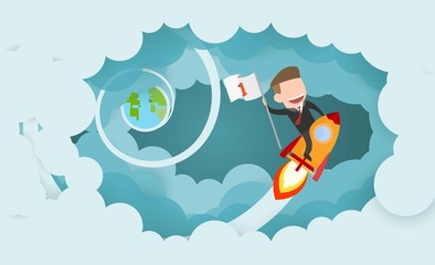 Businessman riding a rocket and smoke through cloud Business startup concept. vector illustration. flat design.