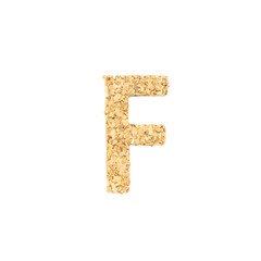 Closeup cork wood in F alphabet isolated on white background