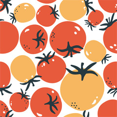 Fresh tomatoes, hand drawn seamless pattern. Overlapping background, vegetables vector. Colorful illustration with food. Decorative wallpaper, good for printing. Design backdrop, tomato - 216595714