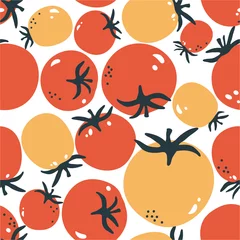 Gardinen Küche Muster  Fresh tomatoes, hand drawn seamless pattern. Overlapping background, vegetables vector. Colorful illustration with food. Decorative wallpaper, good for printing. Design backdrop, tomato  © Talirina