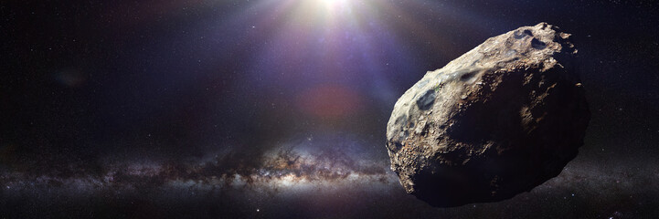 dwarf planet of the asteroid belt lit by Sun and Milky Way galaxy  - obrazy, fototapety, plakaty