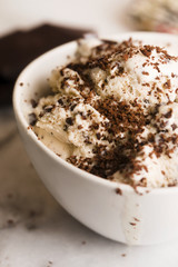 Vanilla ice cream with chocolate chips - straciatella. Fresh, sorbet