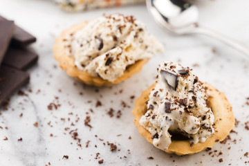 Vanilla ice cream with chocolate chips - straciatella. Fresh, sorbet