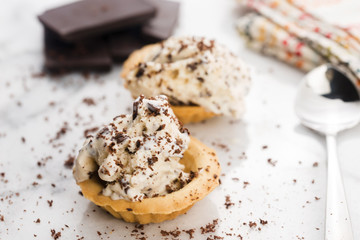 Vanilla ice cream with chocolate chips - straciatella. Fresh, sorbet