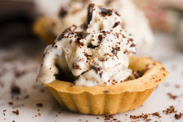 Vanilla ice cream with chocolate chips - straciatella. Fresh, sorbet