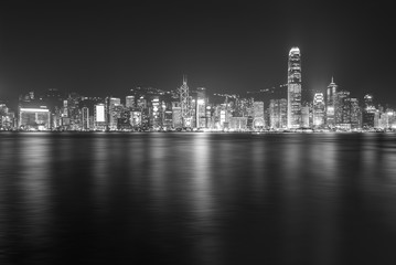 Panorama of Victoria Harbor of Hong Kong city at night