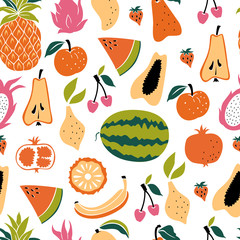 Vector Seamless Pattern with Hand Drawn Summer Fruits.