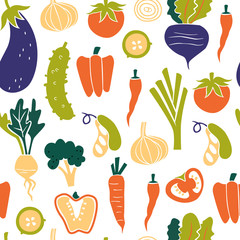 Seamless Pattern with Healthy Food. Hand Drawn Doodle Vegetables Background.