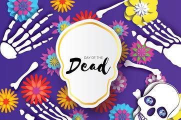 Day of the dead. Paper cut skull for mexican celebration. Traditional mexico skeleton. Blue Diamond eyes. Dia de muertos on purple. Origami cempasuchil flowers. Bones.