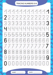 Numbers 0-9. Tracing Worksheet for kids. Preschool worksheet, practicing motor skills - tracing dashed lines. A4 purple grid.