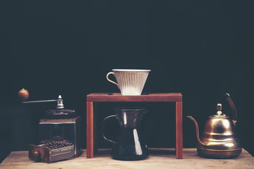 Drip coffee glass kits on the coffee bar at coffee shop cafe display.