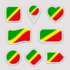 Congo flag vector set. TheRepublic of the Congo national flags stickers collection. Vector isolated geometric icons. Web, sports pages, patriotic, travel, school design elements. Different shapes.