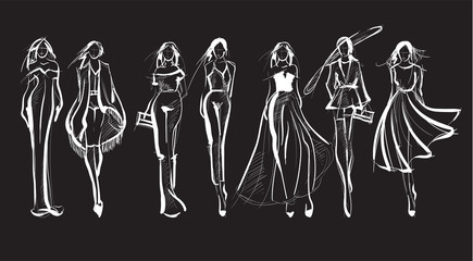 Sketch. Fashion Girls on a black background. Vector illustration.